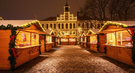 Fototapeta premium Festive outdoor holiday market with illuminated wooden stalls and winter decorations