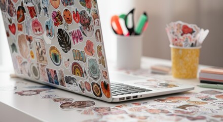 Decorated laptop with various colorful stickers on desk stationery