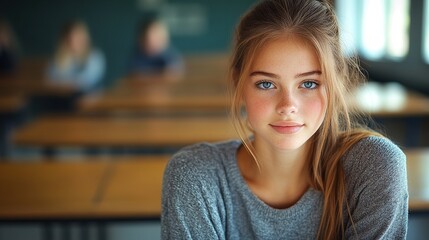 Obraz premium A young woman poses thoughtfully in a classroom setting, highlighting her expression amidst a learning environment.