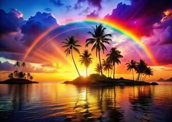 Silhouette of Palm Trees at Sunrise with Rainbow over Tropical Island Beach