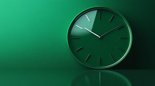 59.A vivid green clock face showing 10 o&acirc;&euro;&trade;clock with slim, modern clock hands and subtle reflections on the surface, against a plain background, designed for a bold, minimalistic aesthetic.