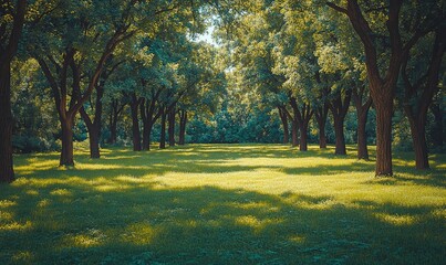 Fototapeta premium A serene grove of trees with sunlight filtering through the leaves, creating a peaceful natural setting.