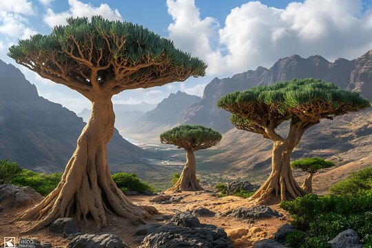 Scenic view of dragon blood trees overlooking a valley on the exotic island of socotra, yemen
