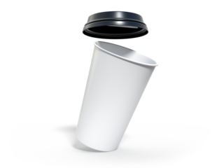 3D coffee cup mockups disposable with plastic lid. Blank white plastic mugs for takeaway hot or cold beverage, milkshake, tea or coffee cups, isolated on background. Mockup packaging for branding