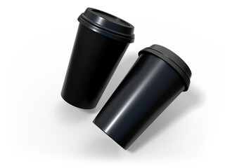 3D coffee cup mockups disposable with plastic lid. Blank black plastic mugs for takeaway hot or cold beverage, milkshake, tea or coffee cups, isolated on background. Mockup packaging for branding