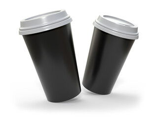 3D coffee cup mockups disposable with plastic lid. Blank black plastic mugs for takeaway hot or cold beverage, milkshake, tea or coffee cups, isolated on background. Mockup packaging for branding