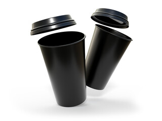 3D coffee cup mockups disposable with plastic lid. Blank black plastic mugs for takeaway hot or cold beverage, milkshake, tea or coffee cups, isolated on background. Mockup packaging for branding