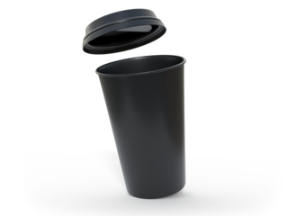 3D coffee cup mockups disposable with plastic lid. Blank black plastic mugs for takeaway hot or cold beverage, milkshake, tea or coffee cups, isolated on background. Mockup packaging for branding