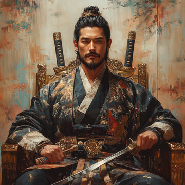 Artistic, a portrait of Emperor Jimmu seated on a throne, holding a ceremonial sword and adorned with intricate royal garments, with the legendary three sacred treasures
