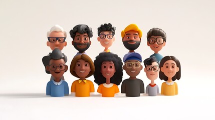 A professional depiction of an inclusive workspace with team avatars collaborating, set on a clean white background. 