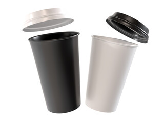 3D coffee cup mockups disposable with plastic lid. Blank plastic mugs for takeaway hot or cold beverage, milkshake, tea or coffee cups, isolated on background. Mockup packaging design for branding
