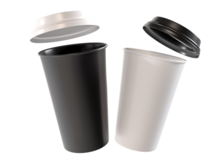 3D coffee cup mockups disposable with plastic lid. Blank plastic mugs for takeaway hot or cold beverage, milkshake, tea or coffee cups, isolated on background. Mockup packaging design for branding
