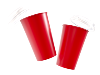 3D coffee cup mockups disposable with plastic lid. Blank red plastic mugs for takeaway hot or cold beverage, milkshake, tea or coffee cups, isolated on background. Mockup packaging for branding
