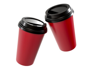 3D coffee cup mockups disposable with plastic lid. Blank red plastic mugs for takeaway hot or cold beverage, milkshake, tea or coffee cups, isolated on background. Mockup packaging for branding