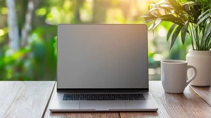 Minimalist workspace with open laptop on wooden desk surrounded by plants and coffee cup
