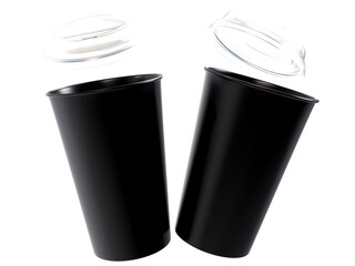3D coffee cup mockups disposable with plastic lid. Blank black plastic mugs for takeaway hot or cold beverage, milkshake, tea or coffee cups, isolated on background. Mockup packaging for branding