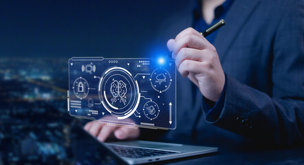 AI, Brain AI Artificial intelligence concept, Digital brain screen icon shows on laptop in of...