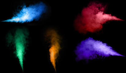 Set collection abstract fog or multicolored smoke evaporates turns, Multicolored smoke image become vapor is divided into parts on black background, fog effect, Smoke is out.	