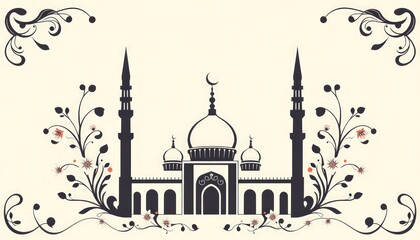 Stylized mosque icon with minarets framed by floral and vine patterns.