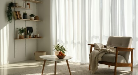Fototapeta premium Sunlit room with cozy armchair, shelves, plants, and minimal decor