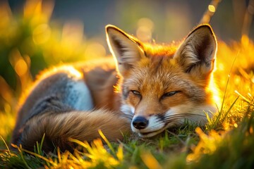 Fototapeta premium Sleeping Red Fox in Meadow - Wildlife Portrait Photography