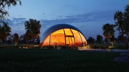 Illuminated Botanical Dome at Dusk Amid Serene Natural Landscape