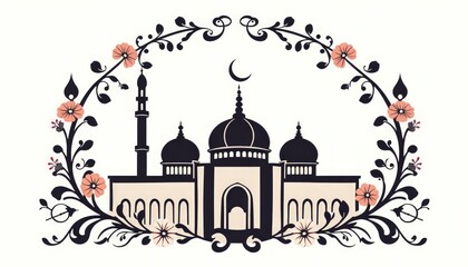 Obraz premium Stylized mosque icon with minarets framed by floral and vine patterns.