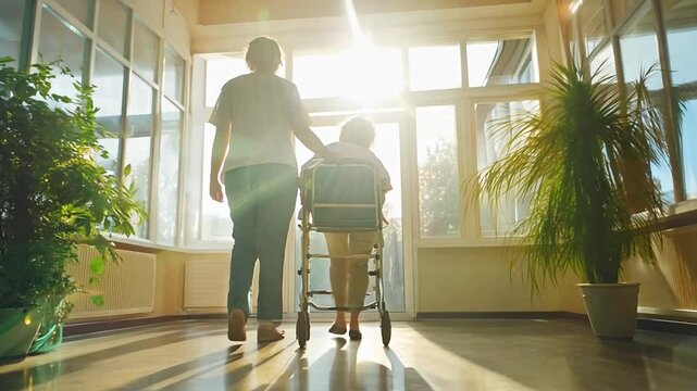 A compassionate caregiver assists a senior patient using a walker in a sunlit rehabilitation center hallway. This serene scene highlights care, recovery, and support in a professional healthcare 