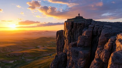 Fototapeta premium Majestic Sunset Over Rugged Mountain Cliffs Overlooking a Serene Valley Landscape