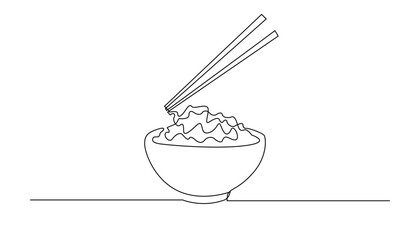 continuous line drawing of rice bowl.vector single line drawing of rice bowl and chopsticks.isolated white background