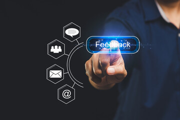 Hand interacting with virtual feedback button surrounded by email and messaging icons for online communication.