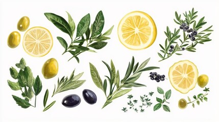 Obraz premium Fresh food ingredients featuring juicy lemon, green olives, and aromatic herbs for healthy cooking and mediterranean-inspired recipes