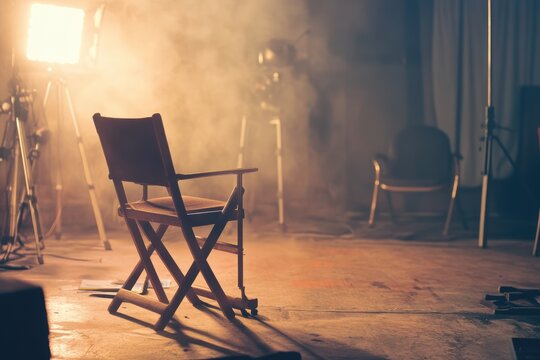 Studio setup - interior view of a movie set featuring a director chair, professional lighting, camera equipment, world of filmmaking, artistic direction, cinematic preparation.
