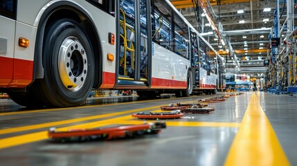Modern Urban Bus Production in Manufacturing Facility with Robotic Systems and Assembly Line Operations Demonstrating Advanced Engineering Techniques and Efficiency