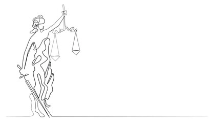 continuous line drawing of blind justice.abstract single line art statue of blind justice,with scales of justice and sword.one line vector illustration