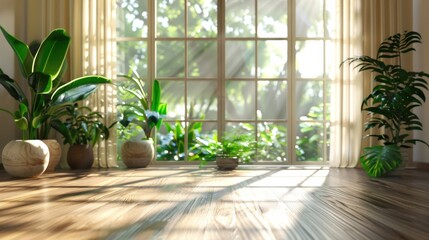 Bright and Airy Indoor Space Featuring Lush Green Plants by a Large Window with Sunlight Streaming Through Sheer Curtains
