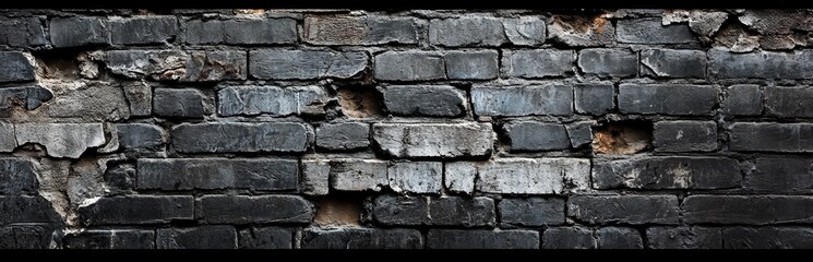 Obraz premium Dark, aged brick wall with crumbling sections and holes.