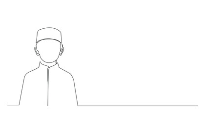 continuous line of islamic boy.drawing of one line of muslim boy.one single vector portrait of boy with cap and koko shirt