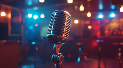 Vintage microphone under neon lights