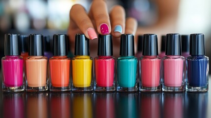 Customer Receiving Manicure at Nail Beauty Shop with Colorful Polishes
