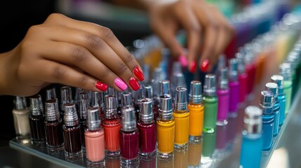 Customer Receiving Manicure at Beauty Shop with Nail Polish Display