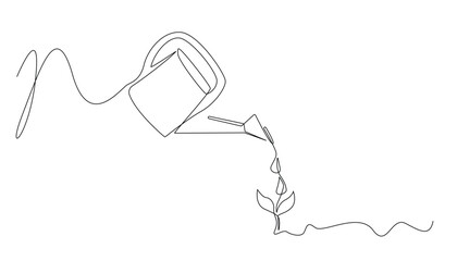 continuous line watering plant seeds.one line drawing of plant seeds being watered.regreening the earth one line concept.one line vector illustration.isolated white background