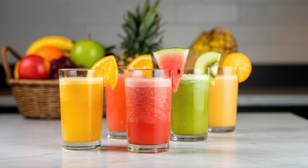 Fototapeta premium Vibrant fruit smoothies in various flavors on table with basket background