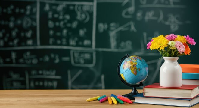 Classroom with globe, books, vase of flowers, and crayons in front chalkboard math equations