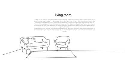 continuous line drawing of a minimalist living room.one line drawing of a sofa chair in the living room.single line vector illustration.isolated white background
