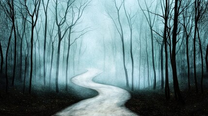Obraz premium Mysterious Winding Path Through Eerie Misty Forest Landscape