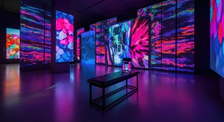 Immersive digital art room with vibrant neon colors and abstract projections