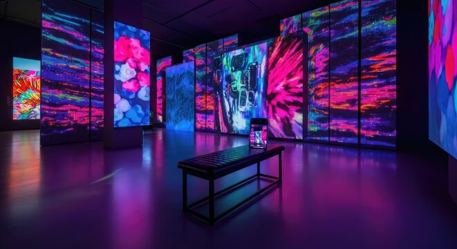 Immersive digital art room with vibrant neon colors and abstract projections