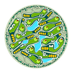 Colorful minimalistic representation of golf course map layout. Top down view of vector map color illustration