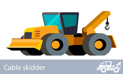 Forestry skidder front side view. Cable skidder wheeled vehicle minimalistic icon. Forestry construction equipment isolated vector. Color icon illustration on white background